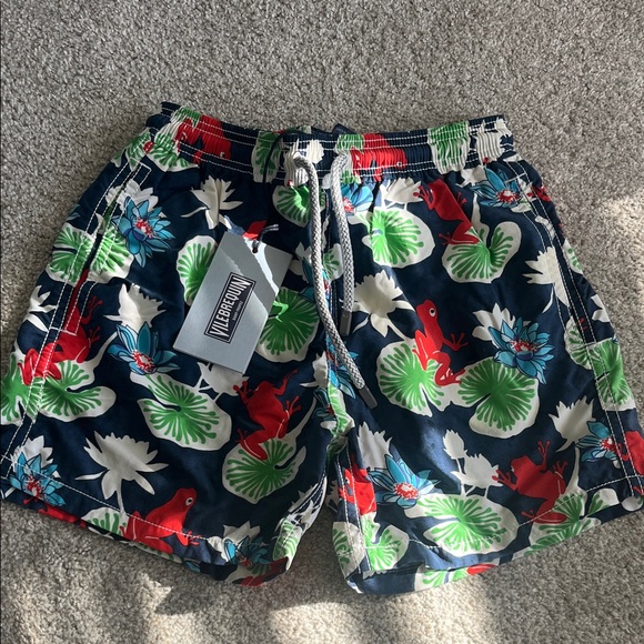 Vilebrequin Boy’s Navy Swim Trunks with Red and Green Frog Print NWT